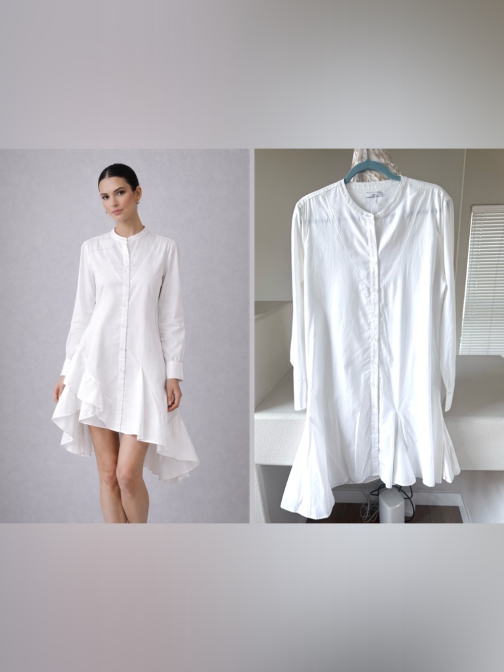 White High-Low Shirt Dress with Band Collar